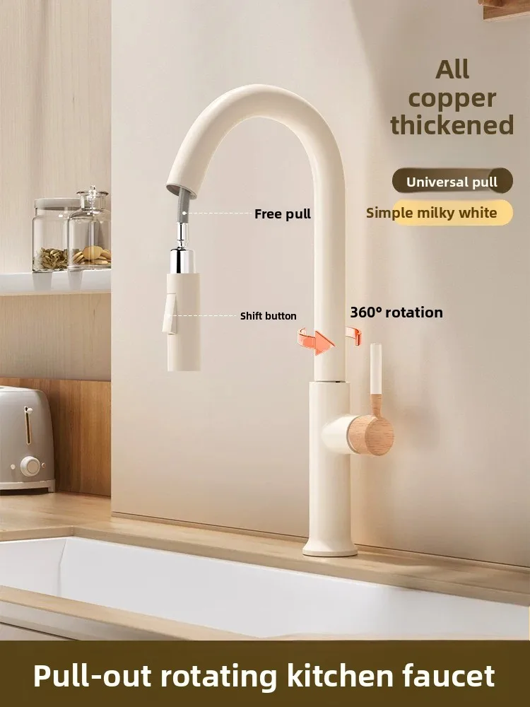 Solid Brass Pull Out Hot Cold Kitchen Faucet, Extendable 360° Swivel Water Tap for Sink, Dish Washing, Laundry Balcony