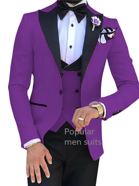 New Men Casual Boutique Business Slim Solid Color Formal Suit 3 Pcs Set Dress Peak Lapel One Button Blazers Jacket Pants