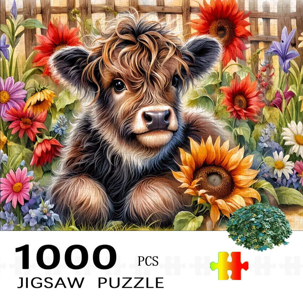 1000ピース 大型 牛とひまわりの農場パズル - 挑戦的な大人向け塗り絵ゲーム 家族の絆、素朴な壁、またはTに最適