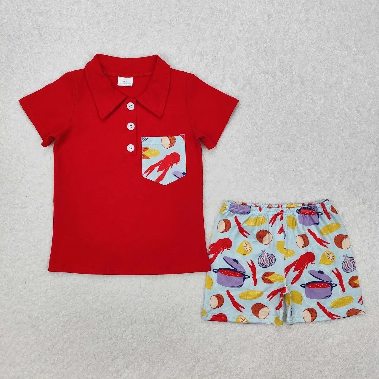 Wholesale Children Short Sleeves Pocket Buttons Red Tee T-shirts Kids Baby Boy Set Toddler Infant Crawfish Shorts Clothes Outfit