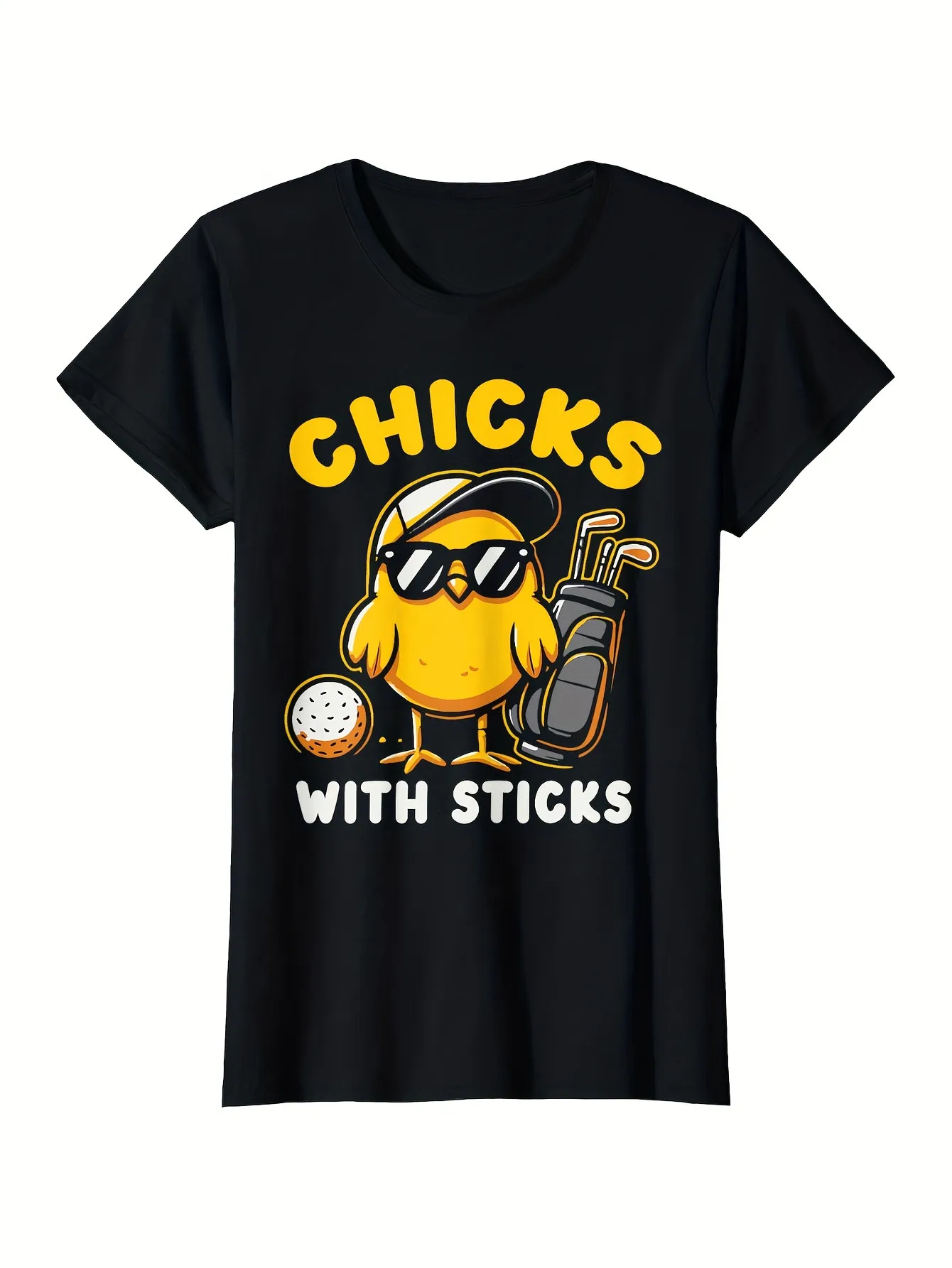 Fun Golf Tees And Unisex Golf Shirt Funny Chicks with Sticks Graphic T-Shirt with Golf Chick, Soft Breathable 1 Crew Neck Tee for Golfers, Casual Outfits Perfect Easter Gift for Female Golfers (Black), Leisure Wear