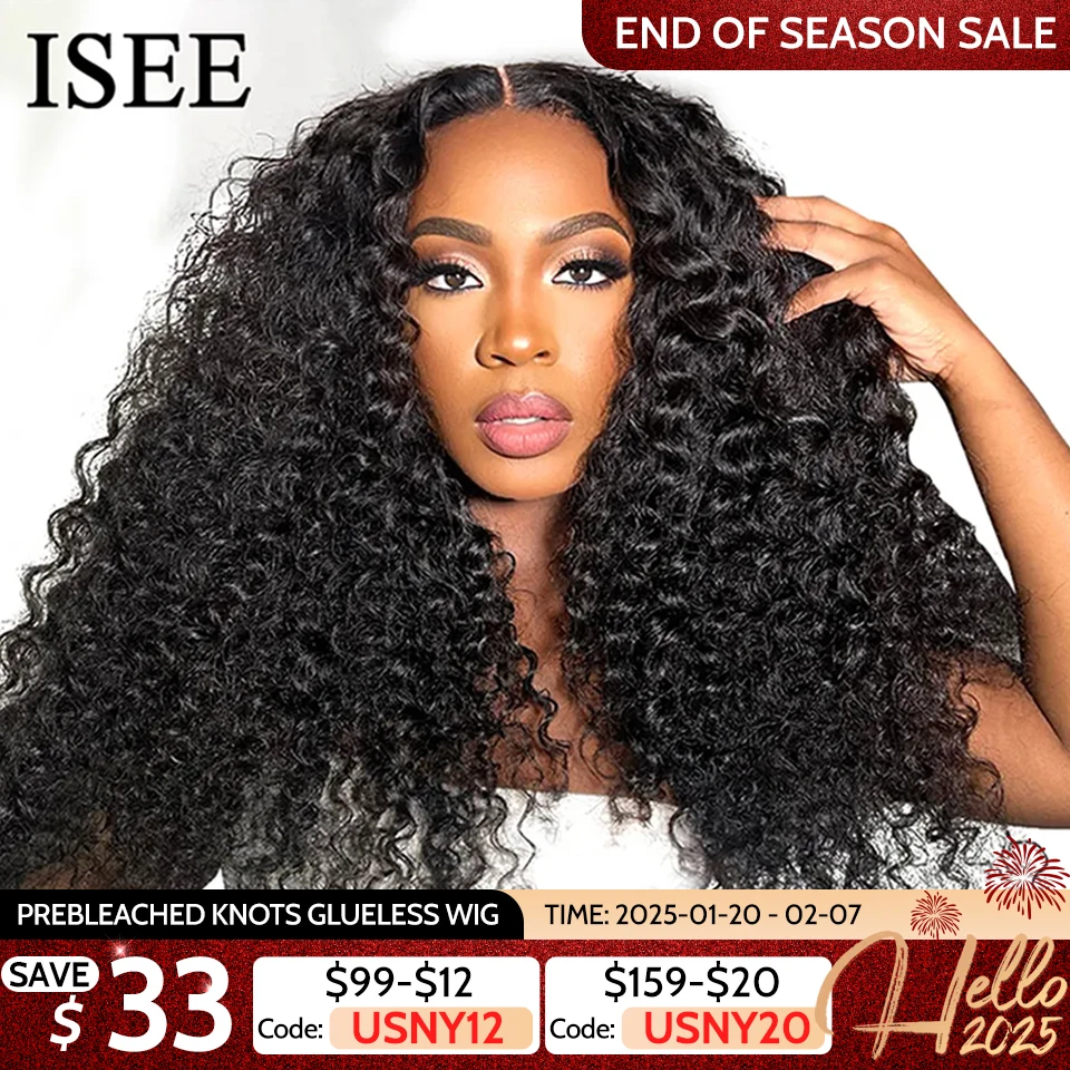 Wear Go Wig ISEE HAIR PreBleached Knots Kinky Curly HD Lace Glueless Human Wigs Ready To Go Pre Cut Lace PrePlucked Hairline Wig