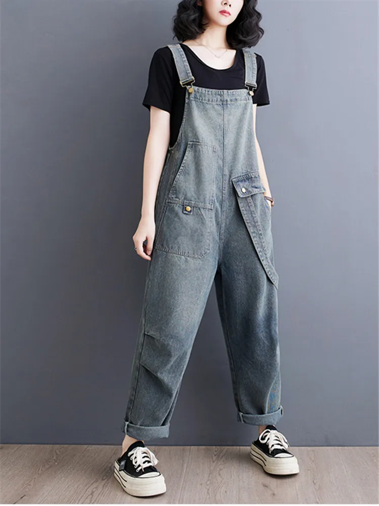 2024 Zomer Modieuze Retro Distressed Diagonale Pocket Overalls Vrouwen Artistieke Veelzijdige Bandbroek Rugloze Denim Jumpsuit