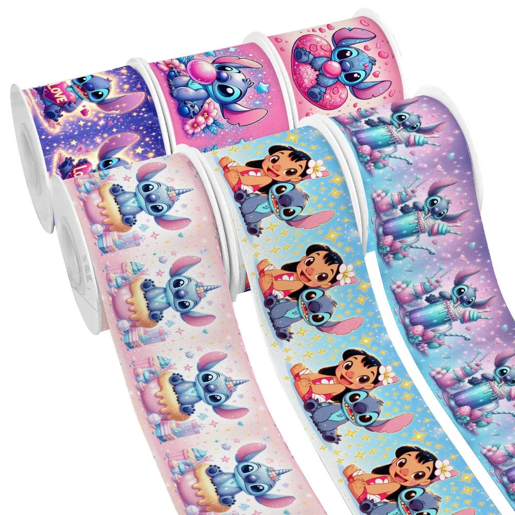 

50 Yards Cute Stitch & Lilo Disney Cartoon Pattern Design Printed Grosgrain Satin Ribbon for Gift Wrapping Hair Bow