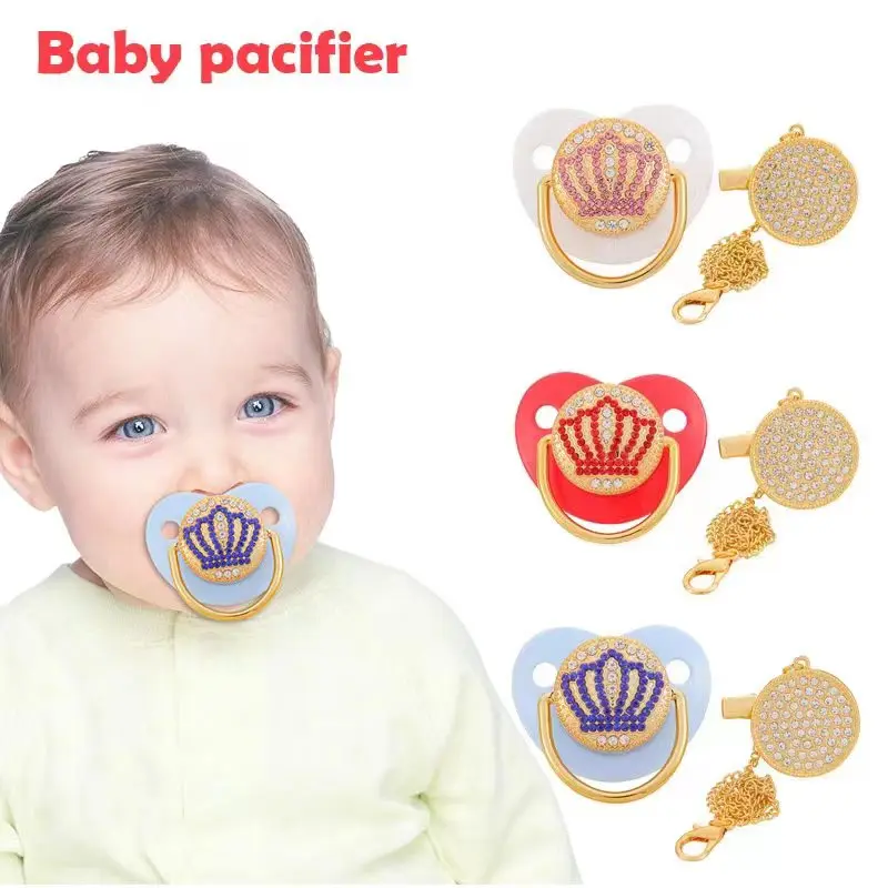 0-3 years old exquisite all diamond silicone pacifier with chain clip dust cover, more hygienic, BPA free, safer, best baby gif