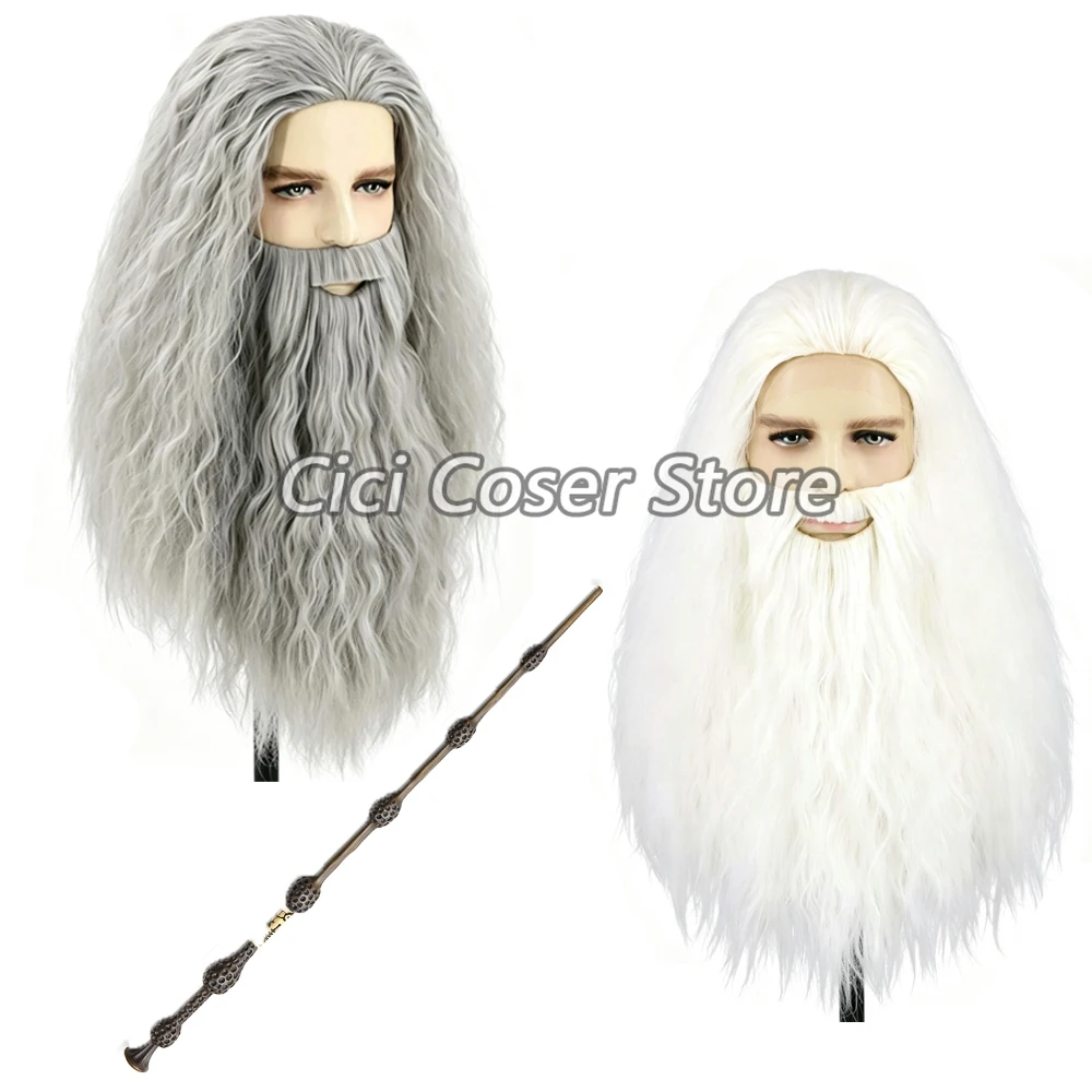 Anime Movie Old Man Dumbledore Cosplay Wig Beard Set Magic Wand Halloween Party Carnival Role Play Synthetic Hair False Beard