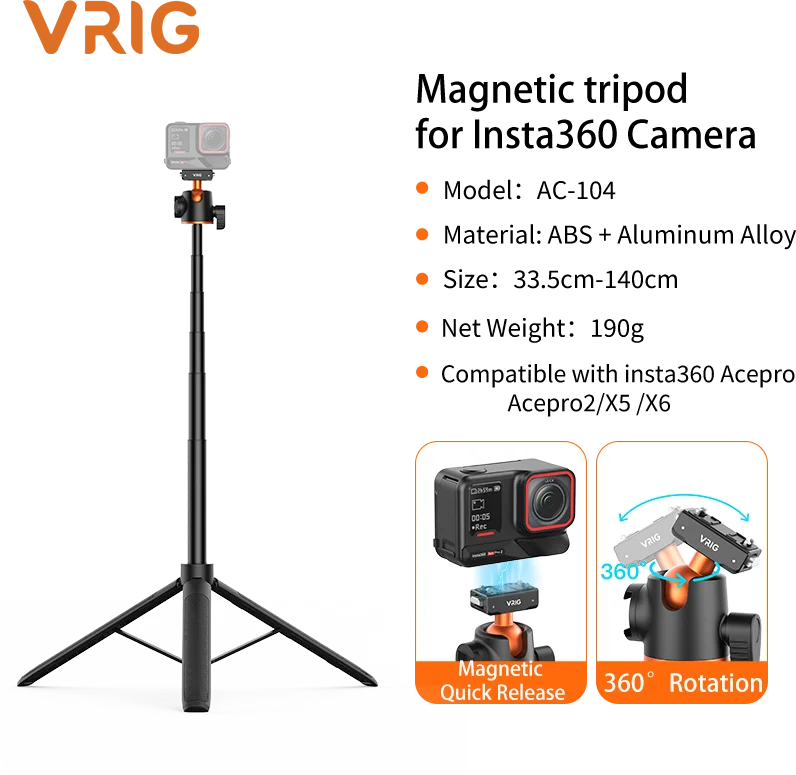 VRIG AC-104 magnetische selfie-stick met snelkoppelingsmechanisme, 1,4 m, uitschuifbaar, 360 graden draaibaar, geschikt voor Insta360 X6/X5 Ace Pro 2 actiecamera.