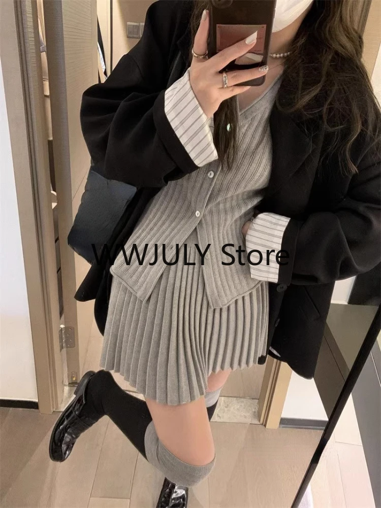 2023 Autumn Grey Knitted Suit for Women Korean Slim Short Cardigan Top High Waist Fashion Skirt Suit Outfit 2 Piece Set Chic