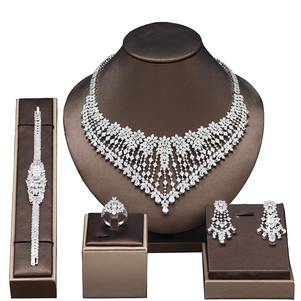 4PCS Ladies Blue Zircon Jewelry Set Water Drop Necklace Drop Earrings Bracelet Ring For Banquet Wedding Party Christmas Gift