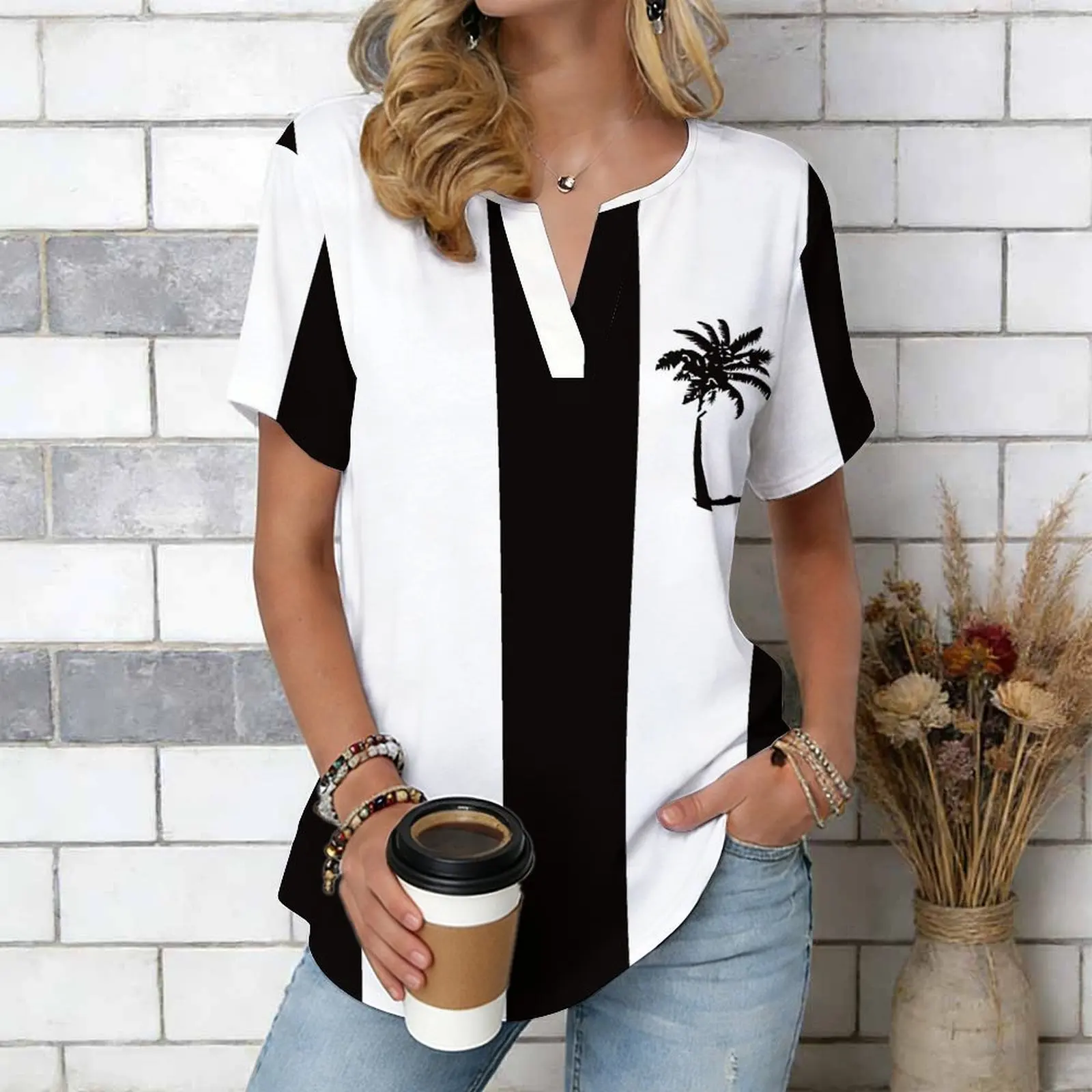 Women Print Notched V Neck Short Sleeve Casual Loose Tunic Tops