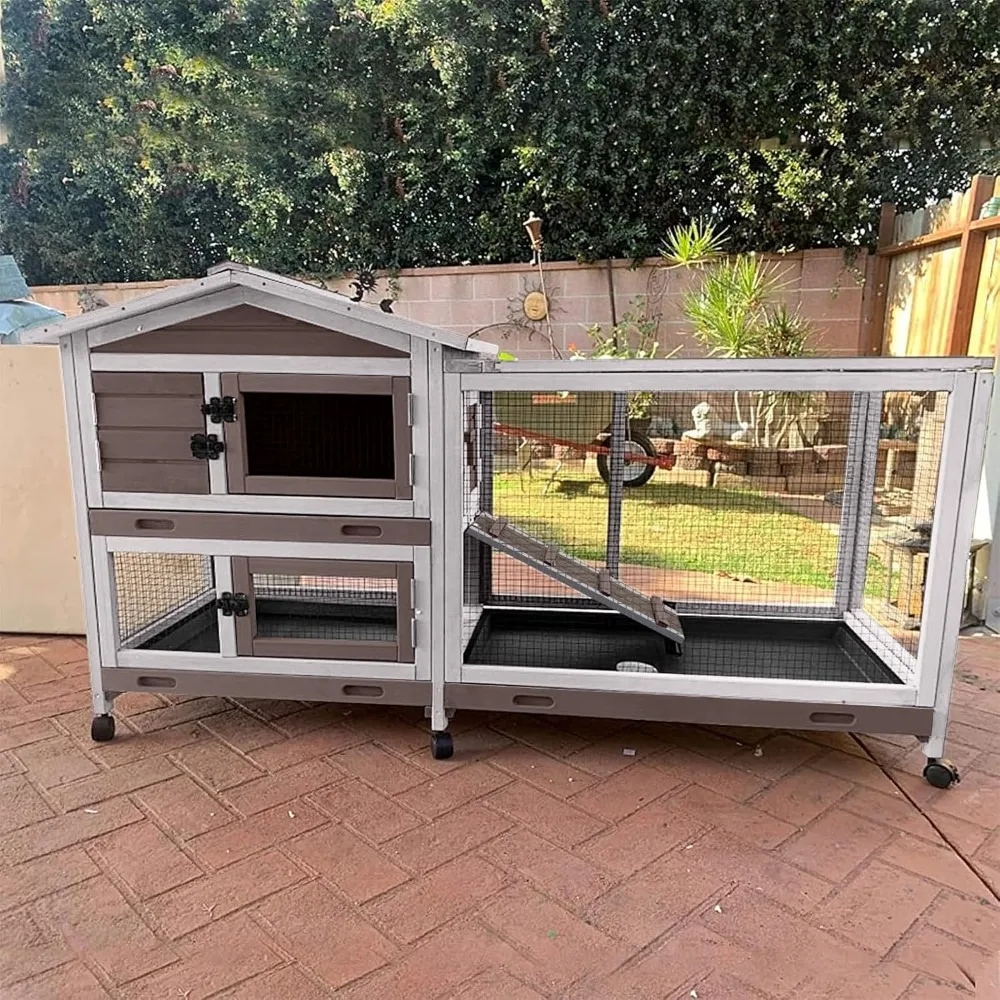 

Outdoor Rabbit Hutch Indoor Bunny on Wheels Large Guinea Pig Cage with Run for Any Small Animals,Removable Pull Out Tray White