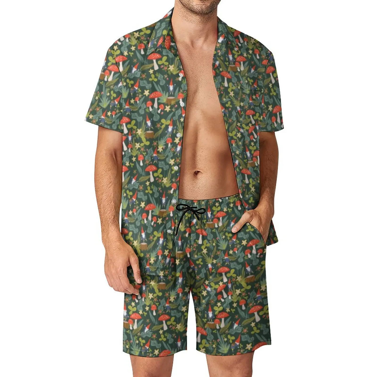 

Magic Mushroom Print Men Sets Woodland Gnomes Casual Shirt Set Trendy Beach Shorts Summer Suit Two-piece Big Size 2XL 3XL