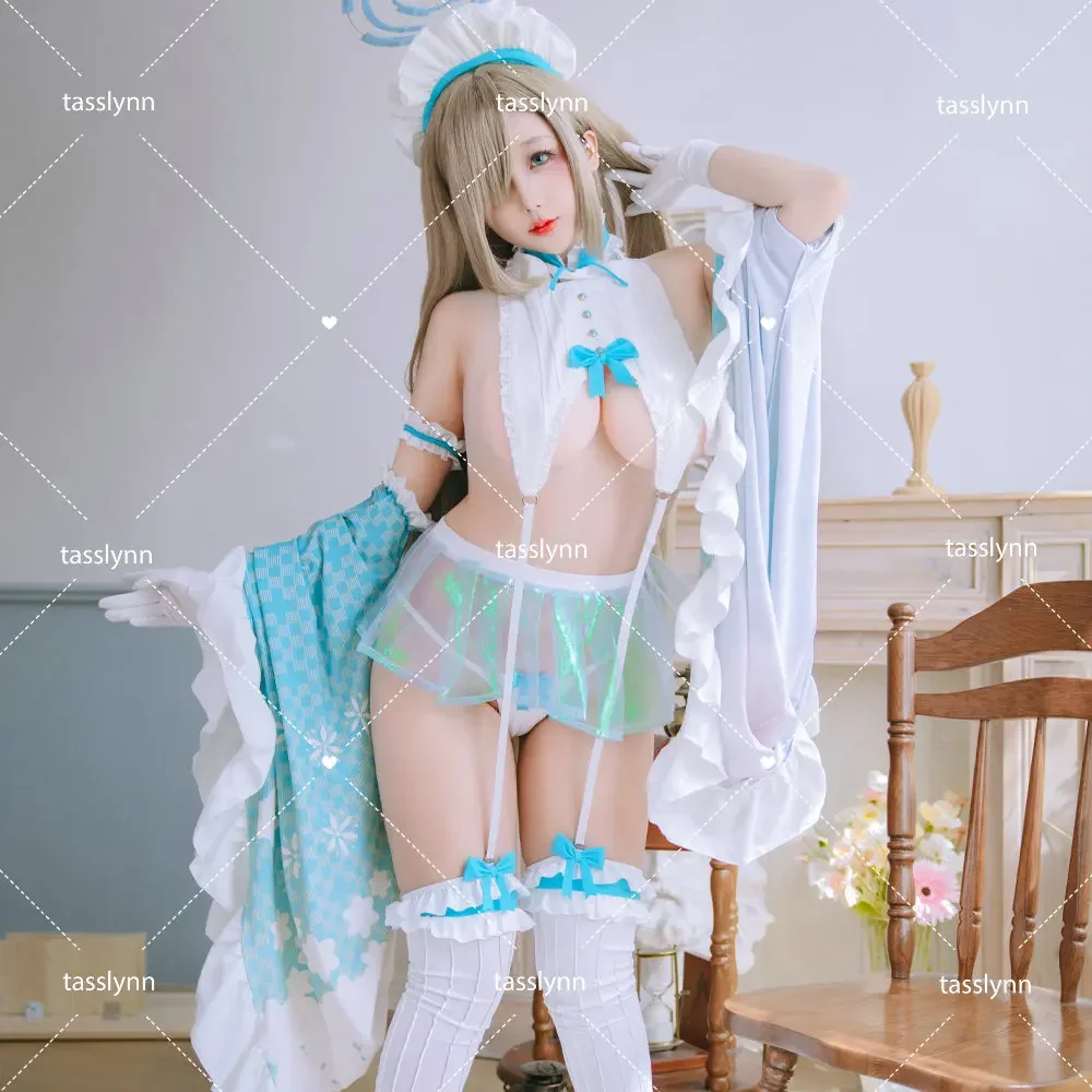 

Dishwasher Itinose Asena Cosplay Costumes Itinose Asena Sweet Maid Dress Blue Bikini Anime Cosplay Transparent skirt kimono