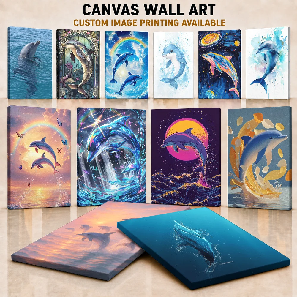 Dolphin Framed Canvas Posters Whimsical Creature Style Wall Art With Personalized Photo For Playroom Ideal Animal Lover Gift