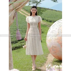 Vietnam niche design heavy lace white small dress embroidered flowers waisted strapless mesh dresses