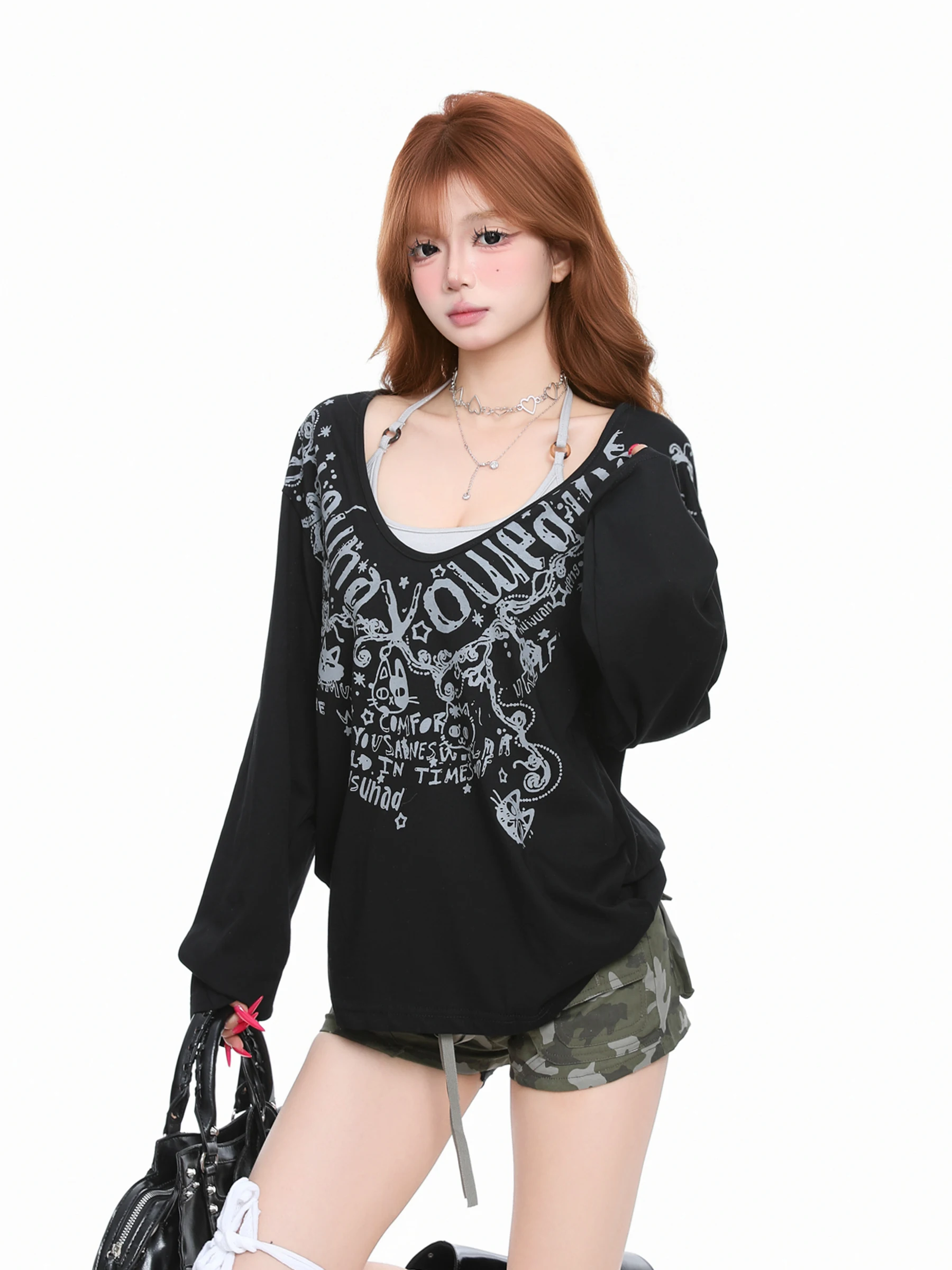 Basterds Graffiti Letter Long Sleeve V-Neck T-Shirt Women Spring Spicy Neck Hanging Strap Two-Piece Set Korean Style Loose Fit