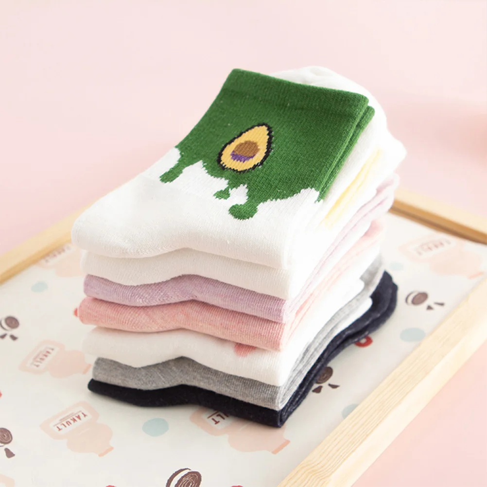 

7 Pairs Cotton Socks Mid Tube Printing Women Girls Fruit Cartoon Color Matching Short Socks Soft Breathable Elastic Durable Warm