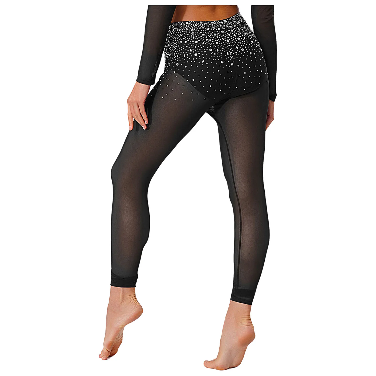 

Women Rhinestones Ballet Dance Leggings Figure Skating Tights High Waist Sheer Mesh Briefs Trousers for Gymnastics Yoga Workout