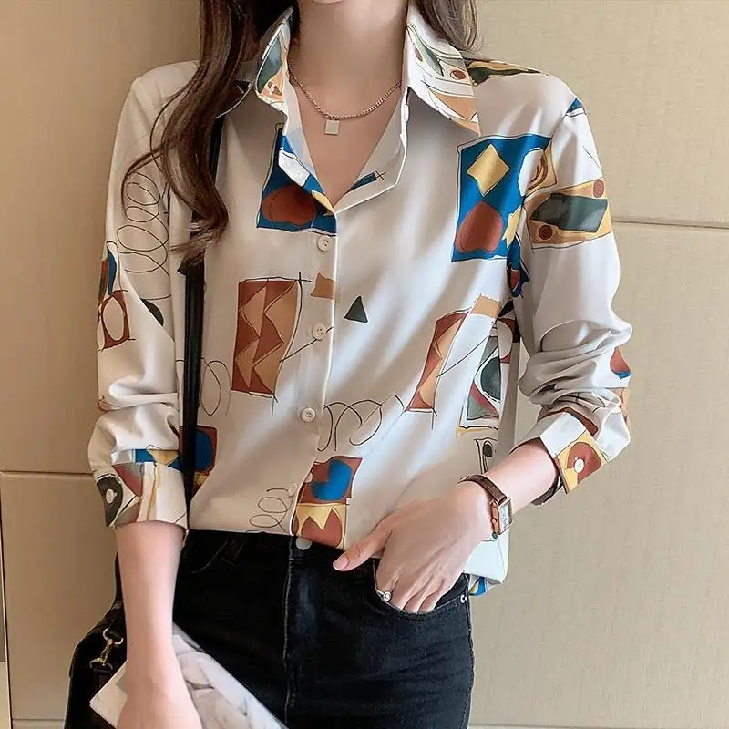 Vintage Elegant Chic Print Commute Ladies Tops Blouses Spring Autumn Fashion Casual Loose Long Sleeve Button Up Shirts for Women