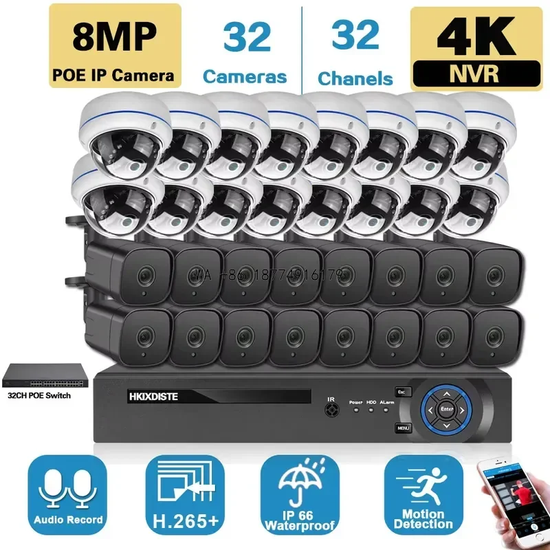 wmwmnu 32CH 4K NVR HD POE Kit Outdoor CCTV Security System 8MP Metal POE IP Bullet Dome Video Surveillance System Kit