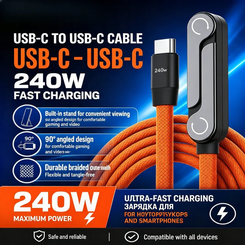 240W USB Type C Fast Charging Cable Foldable Bracket 2-in-1 Data Cable USB C Phone Stand Charge Wire For iPhone 17 16 15 Samsung