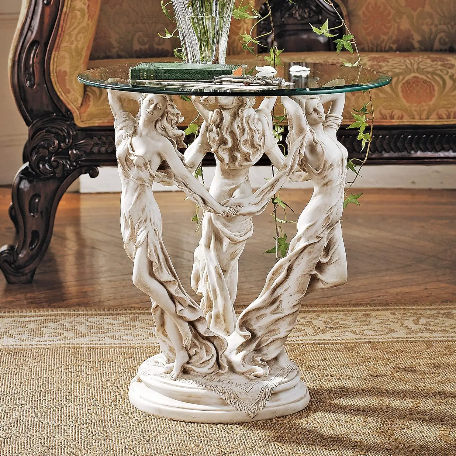 The Greek Muses Classic Glass-Topped Side Table, 18 Inches Wide, 18 Inches Deep, 20 Inches High, Handcast Polyresin