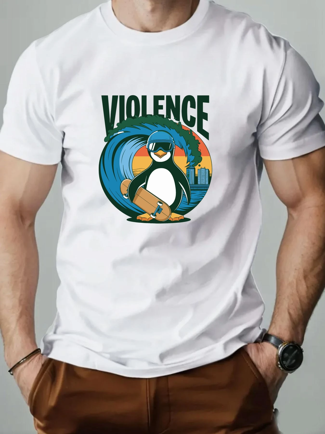 

Man Short Sleeve T-shirt 100% Cotton Penguin Cartoon Print T Shirt Round Neck Breathable Casual Fashion High Quality Tee‌