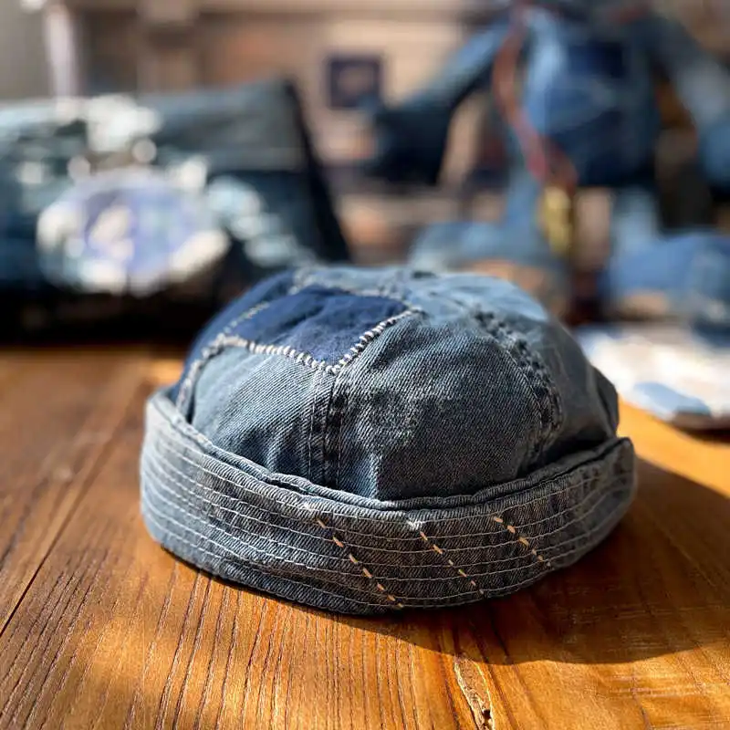 

25ss New Blue Dyed Embroidered Handmade Patch Melon Skullies Hat Brimless Men's and Women's Dome Universal Denim Caps