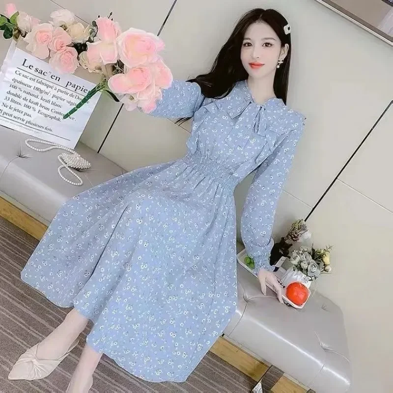 Chiffon Korean Style Female Dress Bow Women's Long Sleeve Dresses Clothing Elastic Aesthetic New Features of 2025 Fashion Cotton