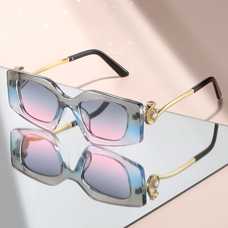 نظارات شمسية جديدة ذات إطار صغير على شكل عين القطة مع معبد لؤلؤي مقلد معدني، نظارات شمسية مزخرفة عصرية