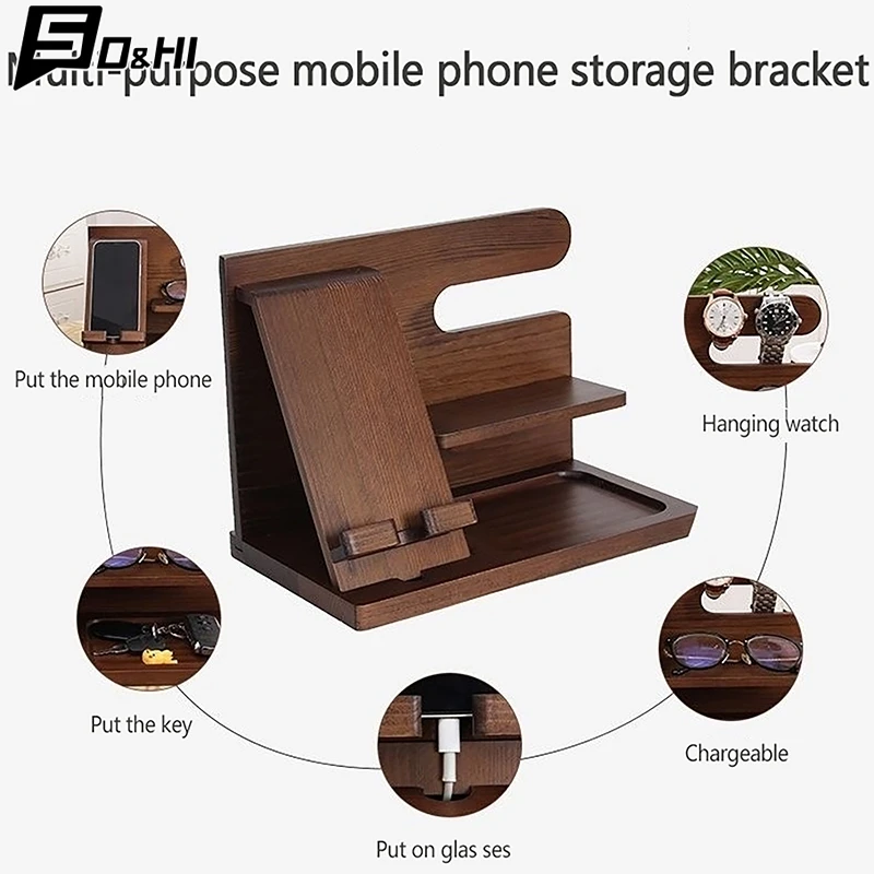 Wooden Bedside Wood Phone Docking Station Holder Wallet Stand Watch Storage Rack Valentines Multifunctional