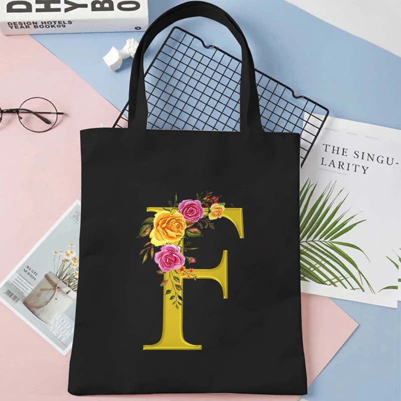 Women Golden Flower 26 Alphabet Print Shoulder Bag Canvas Tote Bags Reusable Shopping Bag Fashion Team Bride Party Handbags