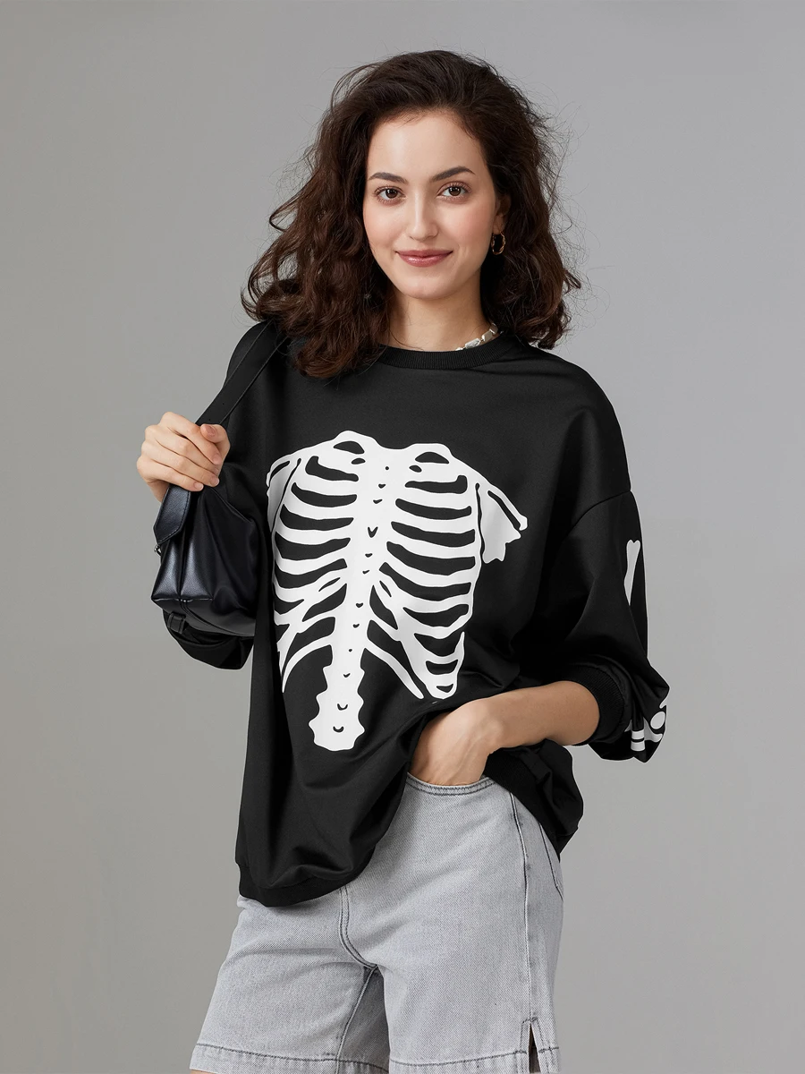 Women's Halloween Loose Sweatshirts Skeleton Print Round Neck Long Sleeve Pullovers Fall Winter Casual Tops