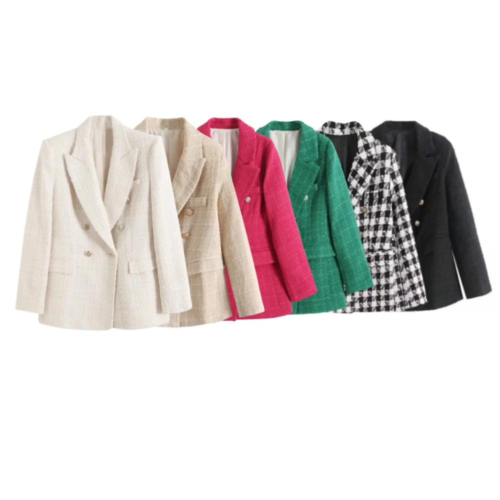 

PB&ZA2024 Winter New Women's Fashion Commuter Slimming Double breasted Flip Collar plaid Suit Coat