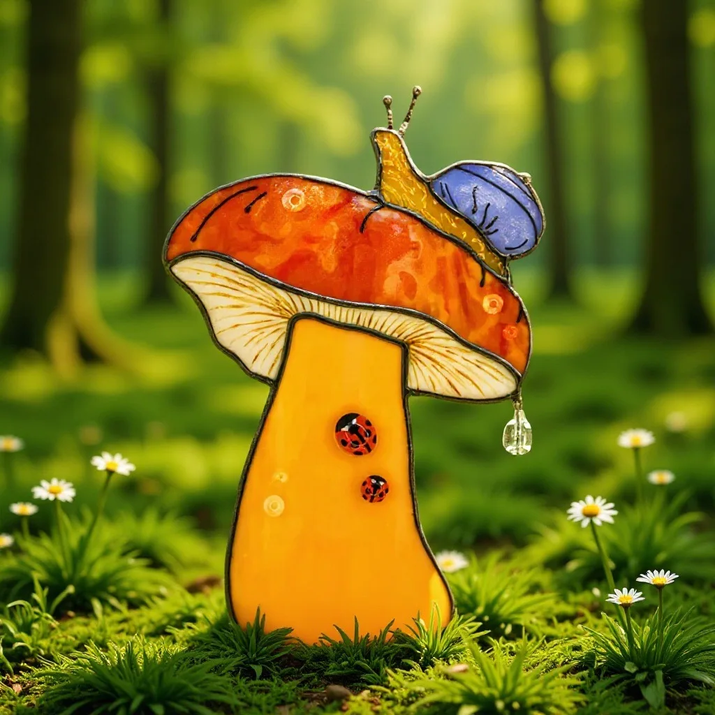 Natural Style Window Decoration Stained Glass Mushroom Snail Sun Catcher Plant Ornament Custom