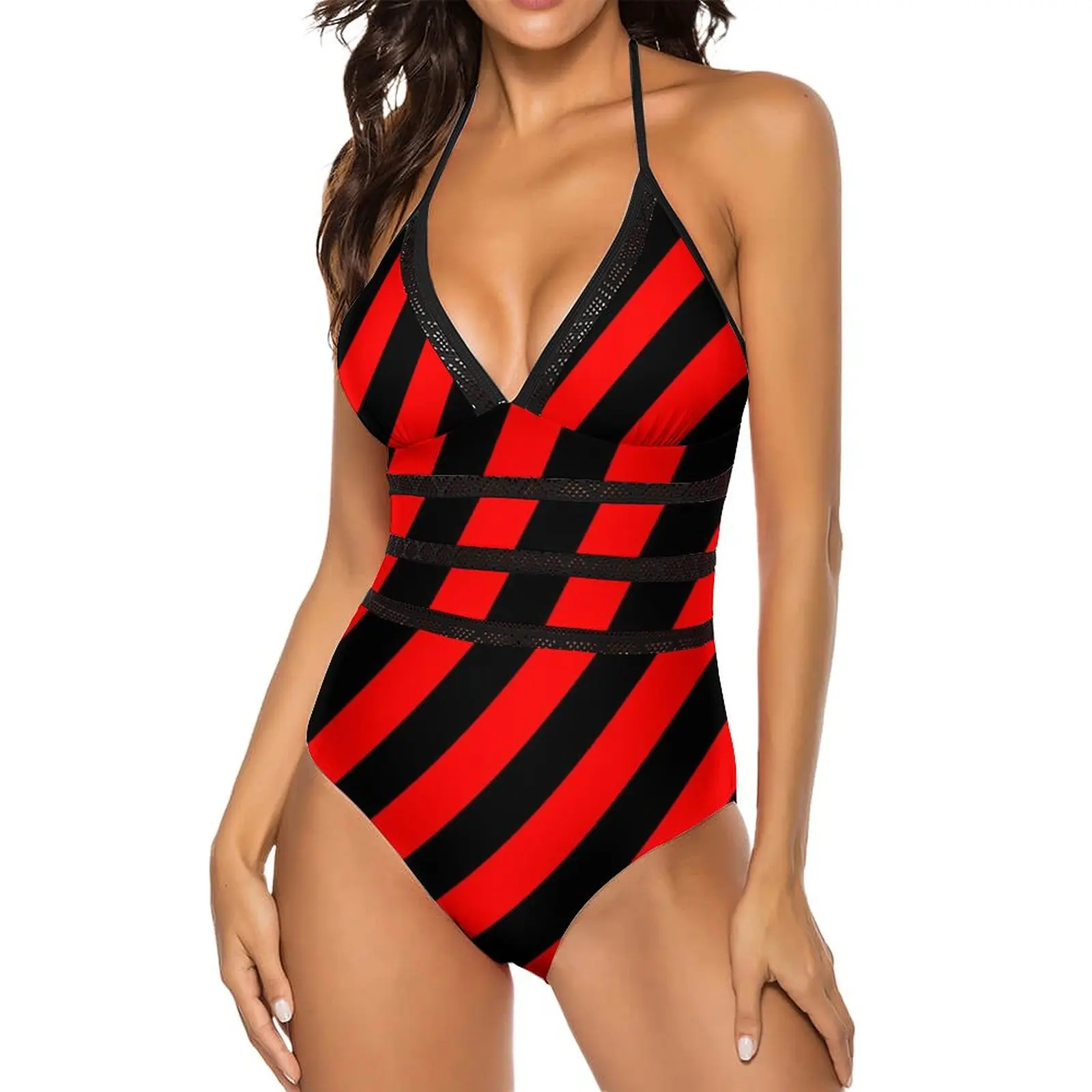 Diagonal Striped Swimsuit Sexy Albania National Flag Lady Swimwear One-Piece Fashion Swimsuits Vacation Push Up Cut Out Monokini