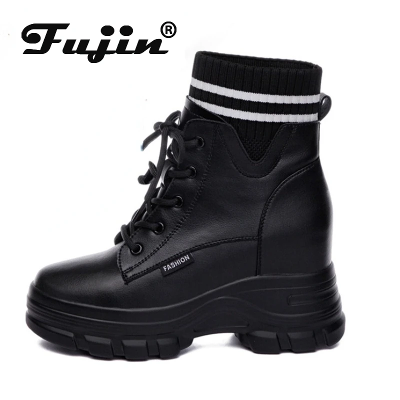 Fujin 9cm Heel Platform Wedge Women Ankle Boots Knitting Genuine Leather Warm Fur Hidden Heel Height Women Winter Boots Shoes