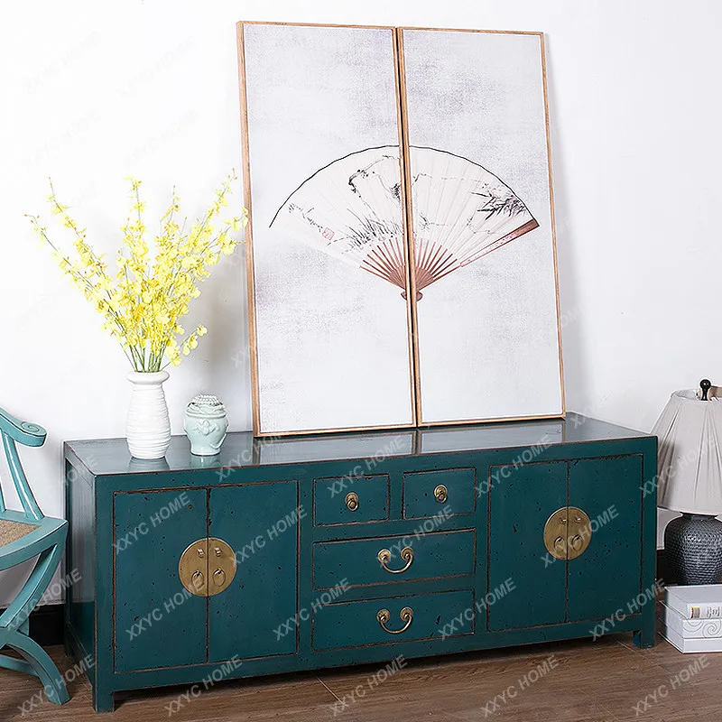 Solid wood TV cabinet retro color paint storage cabinet small apartment living room TV cabinet