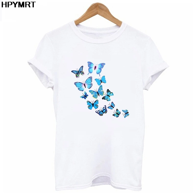 Blue Butterfly Pattern Print T-Shirts Women's Crewneck Hip Hop Top Couple Tee Tops Tshirt Female New Summer Loose White T Shirts