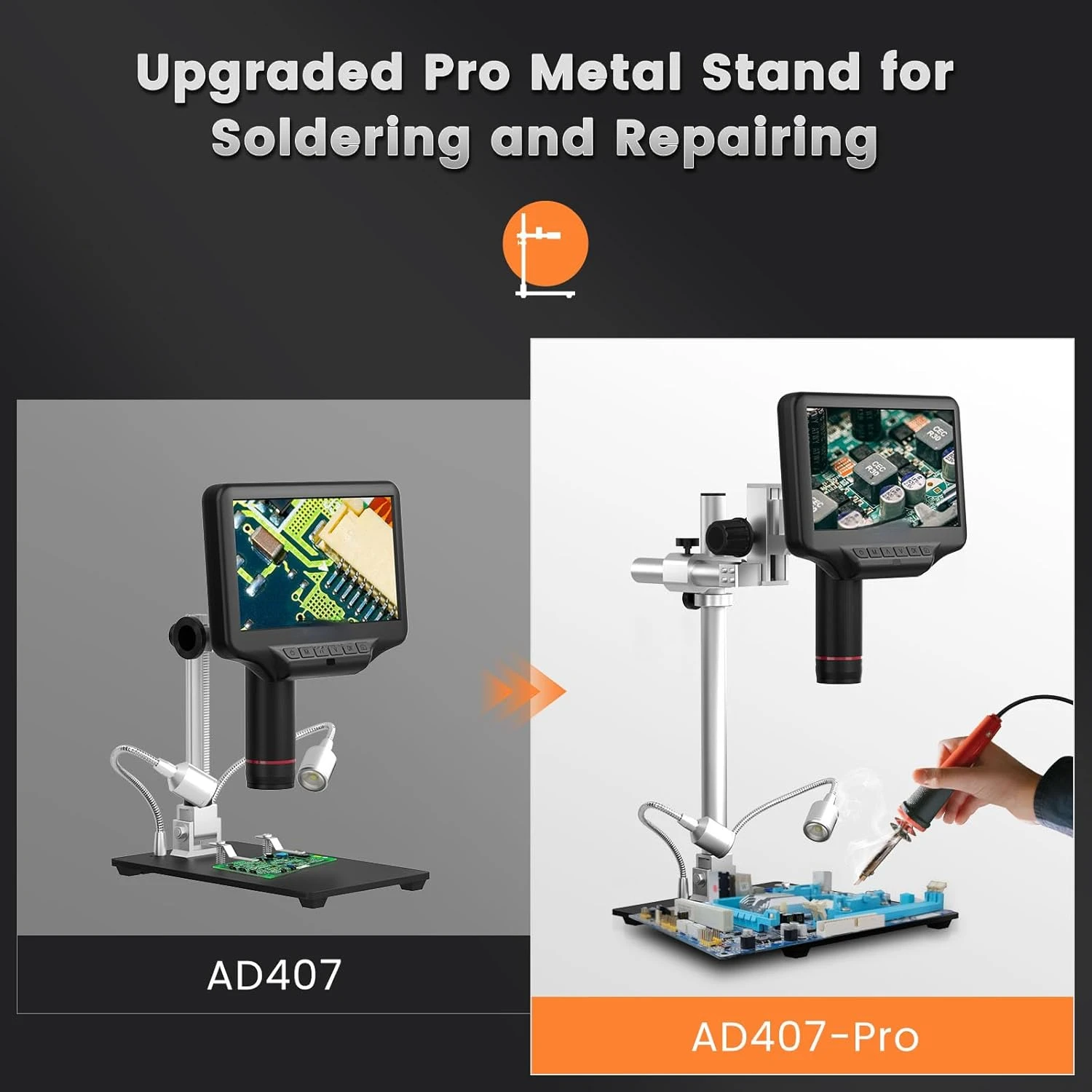 AD407 Pro 3D Soldering Digital Microscope with Pro Metal Stand 4MP UHD and 7 inch Adjustable LCD Screen USB Video