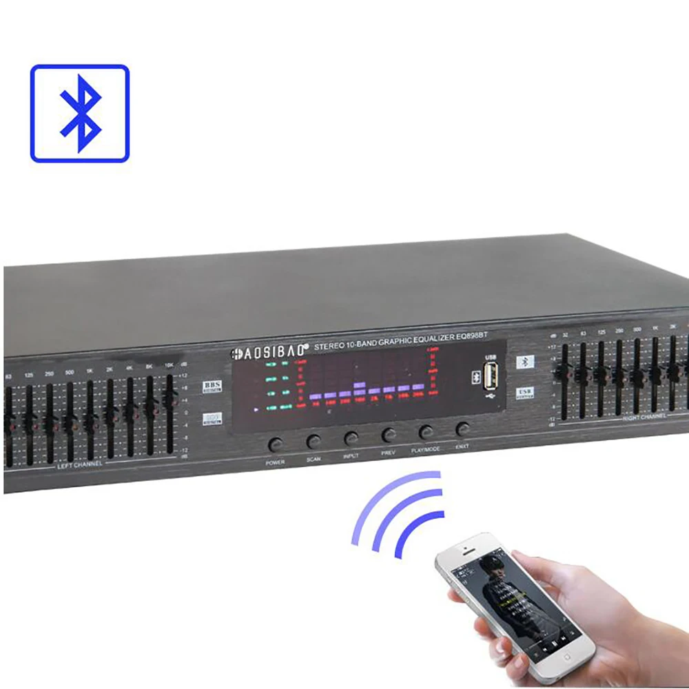 EQ-898BT HIFI Digital HD Stereo Preamplifier Equalizer Built-In USB Bluetooth Home Stage Equalizer Dual 10 Segments 220V