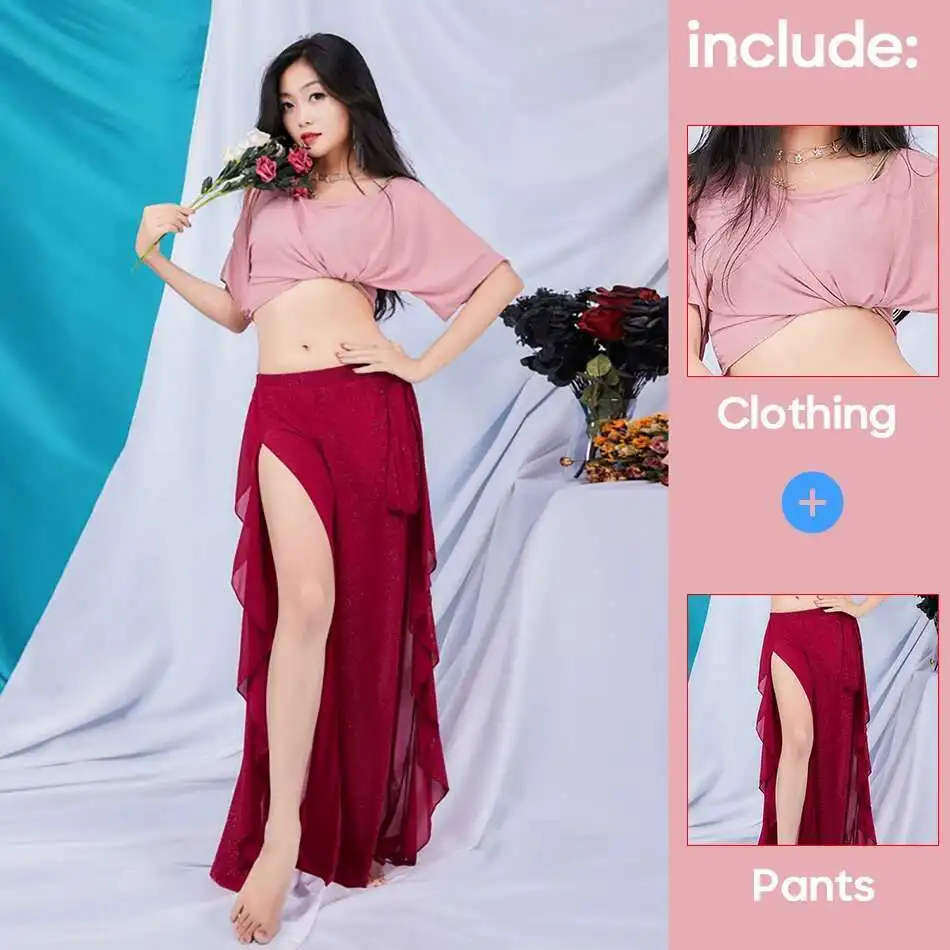 Buikdanskostuums Outfits Oefenkleding 2-delige set Top en rok Bloemblaadjesbroek Prestaties Professionele dans Kleurrijke rok