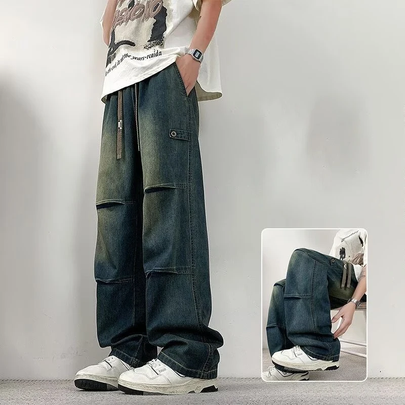 

Осенние мужские модные плиссированные джинсы в стиле хип-хоп, мешковатые джинсовые брюки с прямыми штанинами, новинка 2025 года, повседневные джинсы Y2K с завязками