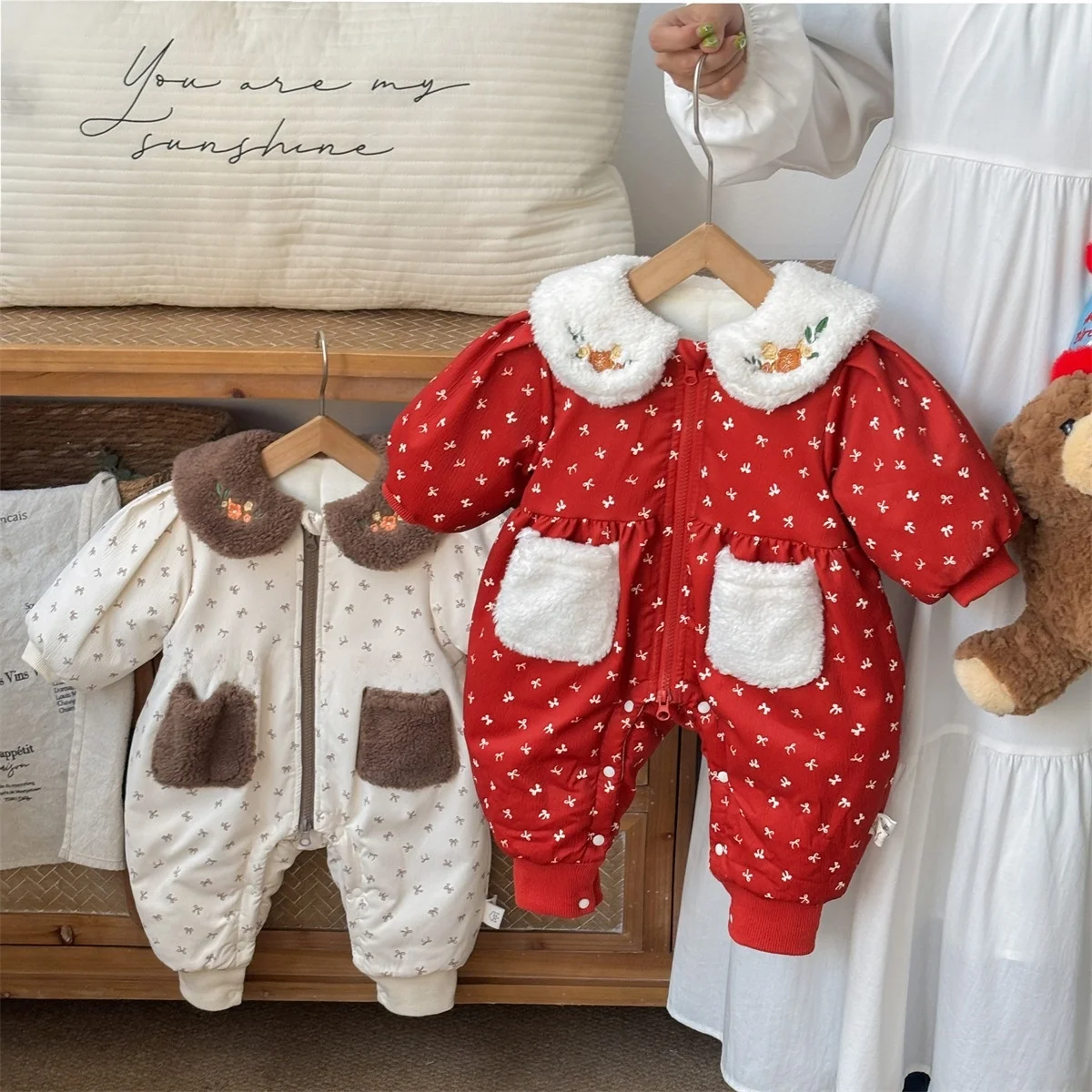 

Thiened Fce Lined Korean Sle Floral Print Collar Cotton Jaet for Girls Baby Rer Autumn Winter Faion Set