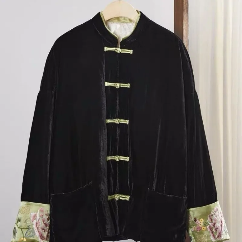 New Chinese-style Cotton-added Velvet Cotton-padded Jacket for Winter 2025 New Cuffs Color Embroidery Loose and Thin Tang Suit