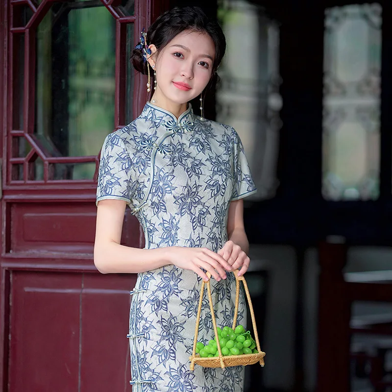 Retro Literary Artistic Temperament Improved Cheongsam 2023 Summer Young Girls Chinese Style Lace Evening Dress Qipao for Women