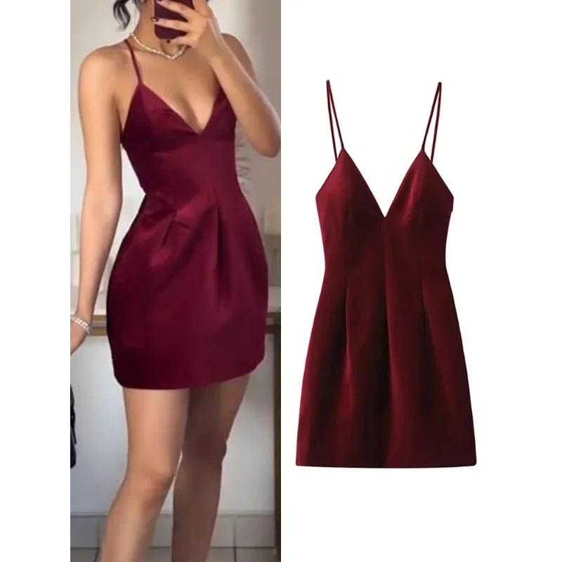 Retro Red Velvet Sling Dress For Women Elegant Sleeveless V Neck Backless Mini Dress Lady A Line Merry Christmas Party Vestidos