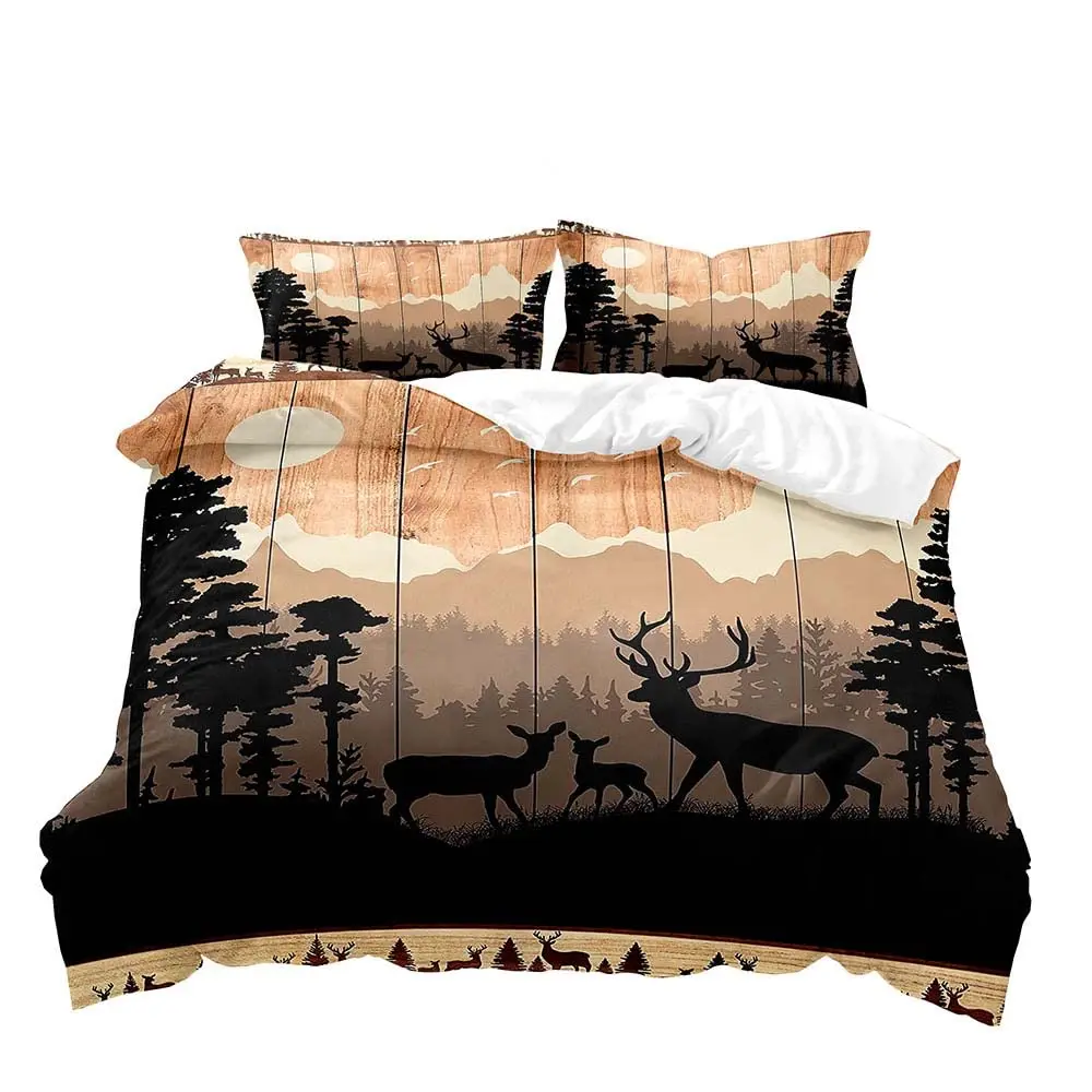 Farmhouse Bedding Sets Deer Elk Moose Mountain Woodland Animals Duvet Cover, Rustic Bedroom Decor, 2 Pillowcases Bedroom Decor