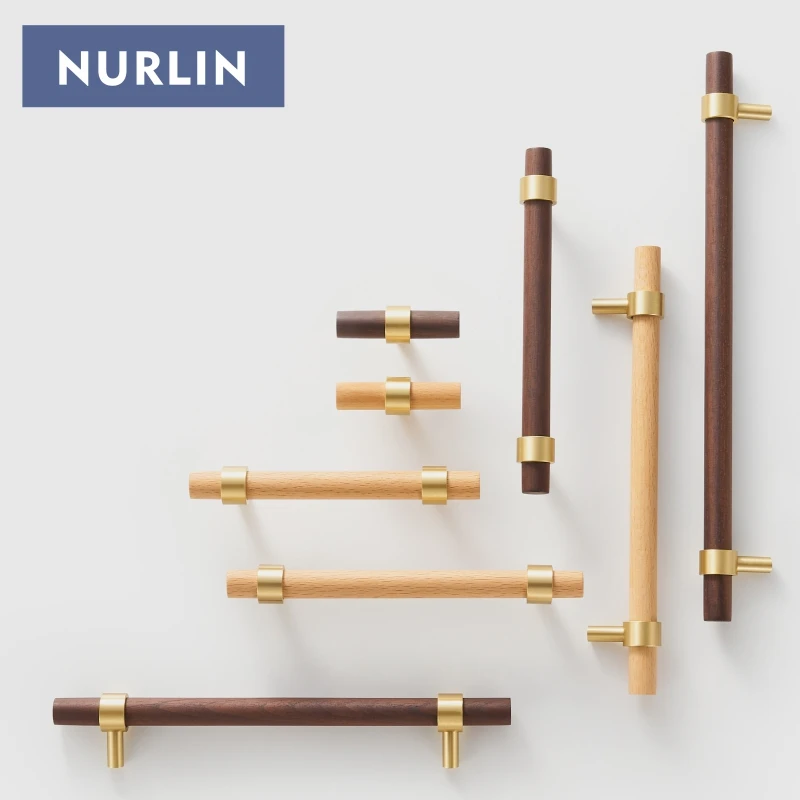 Nurlin Messing, natürliches Walnussholz, Buchenholz, Möbelgriff, amerikanischer nordischer Stil, Schublade, Kleiderschrank, T-Stange