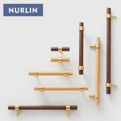 Nurlin Brass Natural Walnut Beech Wood Furniture Handle American Nordic Style Drawer Wardrobe Pull T Bar